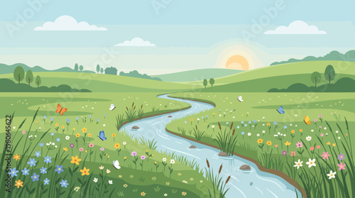 Winding stream through vibrant wildflower meadow with butterflies and sun illustration