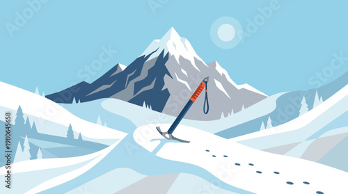 Professional mountaineering ice axe resting in snow on mountain ridge flat vector illustration for high altitude adventure