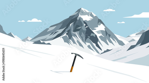 Sturdy ice axe planted in deep snow on mountain peak against blue sky flat vector illustration for mountaineering adventure