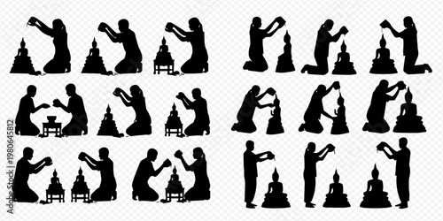 Set of Silhouettes of People Pouring Water on Buddha Statues for Buddhist Rituals and Ceremonies.