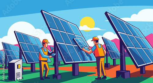 solar panel installation team working on renewable energy farm