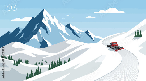 Red snow groomer working on mountain ski slope with number 193 in sky in clean flat vector graphic art style illustration