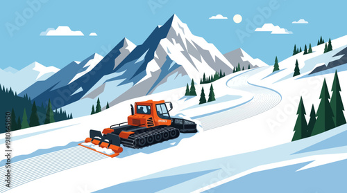 Orange snow groomer machine clearing fresh powder on groomed ski slope in snowy mountain resort landscape vector illustration