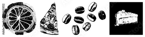 Black and white halftone depiction of citrus slice, pepperoni pizza, coffee beans, and layered cake, stylized graphic design elements.