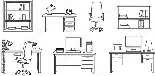 A collection of six monochrome outline drawings illustrating various office desks and furniture arrangements.