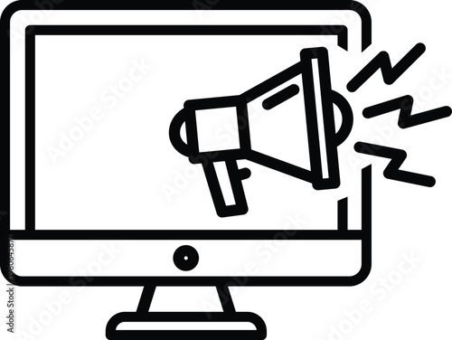 Monochrome computer screen amplifying audible alerts with dynamic soundwave emphasis megaphone