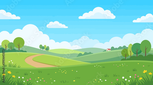 Scenic countryside landscape with winding path rolling green hills and small house in distance under blue sky vector art