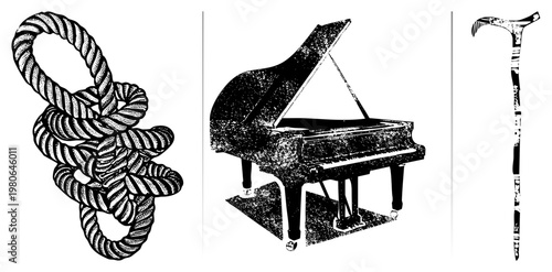 Detailed rope knot, classic piano with open lid, ornate walking cane with tribal design all in halftone vector style, isolated elements for design use.