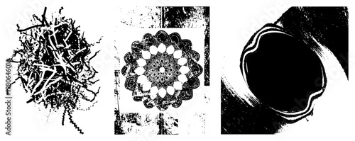 Chaotic clusters, symmetrical mandala, circular voids with brushstroke textures vector art, graphic design motifs, stylized shapes.