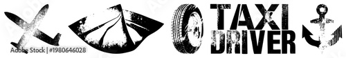 Vector graphic set of transport taxi driver text, anchor, tire, airplane, halftone style, design, isolated symbols for branding or signage.