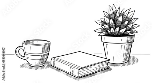 still life with book, coffee cup and potted plant