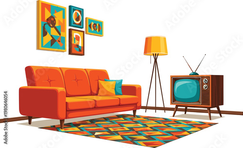 A vibrant retro living room setup with an orange sofa, vintage TV, and colorful rug.