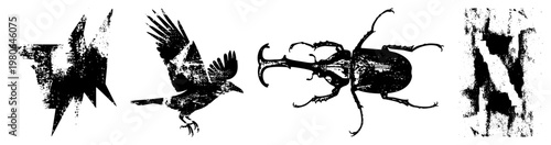 Distressed B&W vector art of crow, rhino beetle, abstract shapes gritty textures, bold. Great for graphic design, tattoos, dark aesthetics.