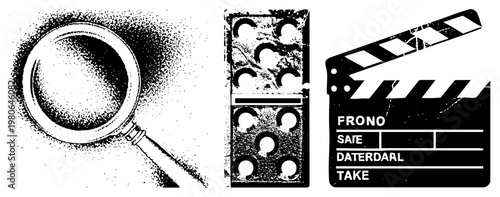 Black and white halftone vector magnifying glass for inspection, tile for games, clapperboard for film production. Isolated, cutout, rgba.