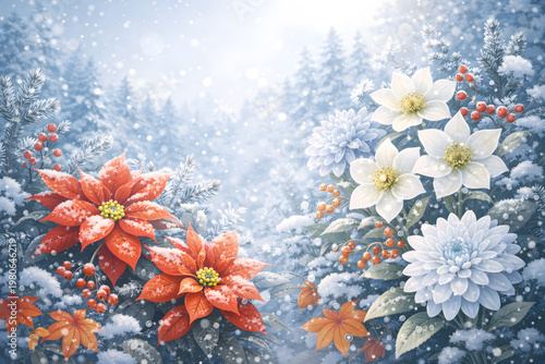 冬の花と雪景色の幻想的なフラワーガーデン背景デザイン