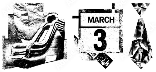 Retro halftone graphic featuring inflatable slide, 3rd calendar, and tie, vector art, isolated elements, stylized design.