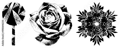 Graphic design lollipop candy, rose flower, snowflake, halftone texture, style, isolated elements, vector art.