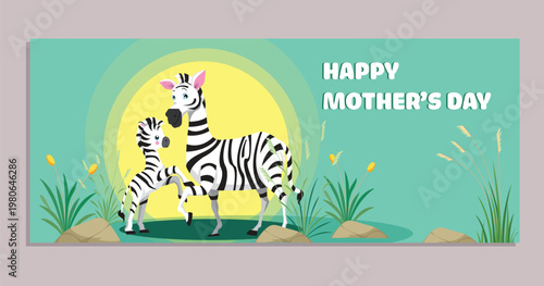 A mother zebra and baby wish a happy mother s day with sunshine