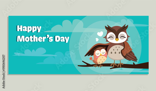 Happy mother s day greeting featuring two adorable cartoon owls