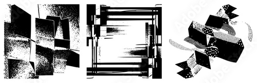 Fragmented geometric shapes with halftone textures and bold, modern graphic design, abstract art, vector illustration, minimalistic composition, aesthetic, digital art piece.