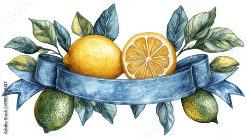 Lemon tree branches seamless on a white background,mediterranean Summer citrus fruit,Hand drawn lemon set,Botanical illustration collection,Whole lemons,banner menu drink summer beach concept.