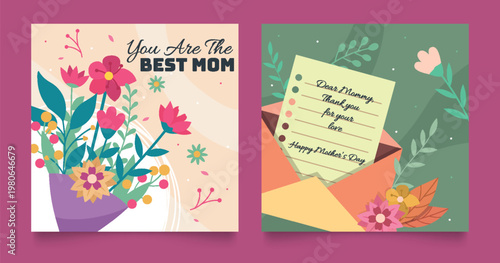 Two illustrated mother s day cards with floral designs and heartfelt messages