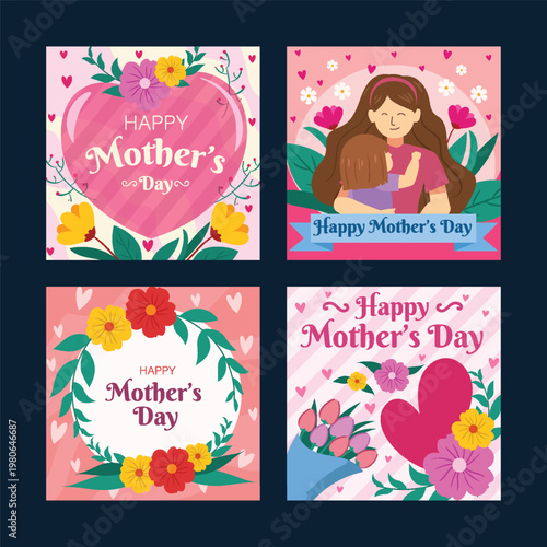 Four colorful mother s day illustrations with hearts flowers and affectionate scenes