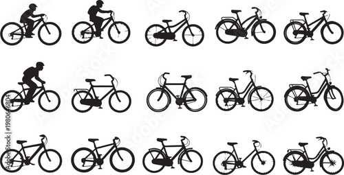 Silhouettes of bicycles and riders in various positions cycling