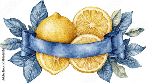 Lemon tree branches seamless on a white background,mediterranean Summer citrus fruit,Hand drawn lemon set,Botanical illustration collection,Whole lemons,banner menu drink summer beach concept.