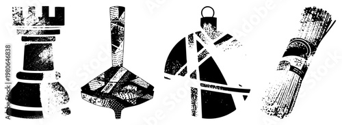 Black and white halftone vector of chess rook, turntable, anchor, and straws bundle, stylized with grainy texture, isolated foreground elements.