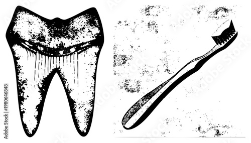 Black and white halftone illustration of molar tooth and toothbrush, dental hygiene symbols, care tools, dental clinic visuals, brush and enamel design.
