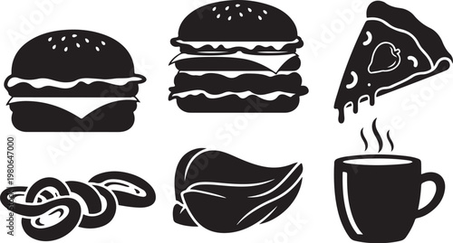 Food icons set with burger, pizza, and coffee cup
