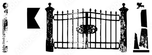 Vintage wrought iron gate featuring vertical bars, scroll embellishment, and ornamental posts, classic garden entrance, black silhouette design.