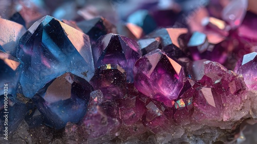 macro shot of colorful crystal gemstones with vibrant blue and purple tones, translucent mineral texture, glowing light reflections, abstract luxury background, high detail, shallow depth of field