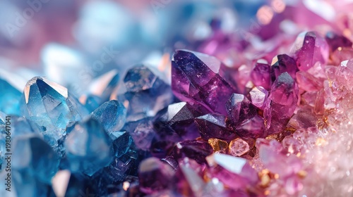 macro shot of colorful crystal gemstones with vibrant blue and purple tones, translucent mineral texture, glowing light reflections, abstract luxury background, high detail, shallow depth of field