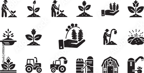 Agricultural icons and farming symbols in black and white