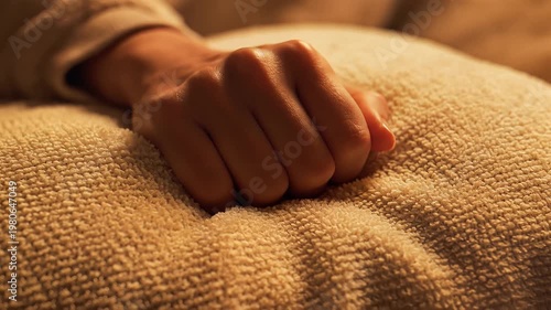 Hand stroking soft beige fabric texture