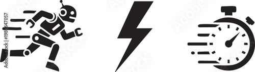Robot running fast, speed icons, lightning bolt, stopwatch symbols, black vector graphics