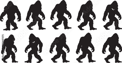 Bigfoot silhouettes in various walking poses and positions sequence