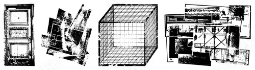 Fragmented architectural elements, grid cubes, abstract geometric forms, vector art, halftone textures, design, digital illustration.