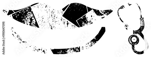 Graphic of medical tools with distressed texture, stethoscope and scalpel silhouettes, healthcare symbols, medical emblem, black and white vector design.
