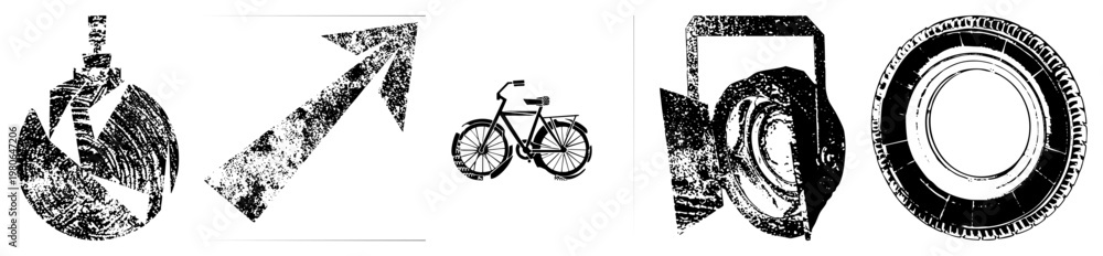 Fototapeta premium Retro film reel, distressed arrow, classic bicycle, spotlight, tire rim vector with gritty texture, isolated graphic elements for UI or branding.