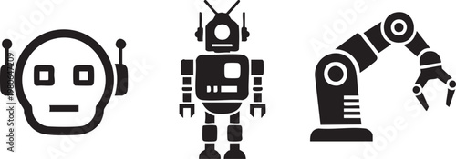 Robot, robotic arm, and android icons, black and white vector graphics