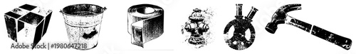 Isolated vector cube, bucket, tape, hydrant, microscope, hammer, distressed texture, industrial/utility theme.