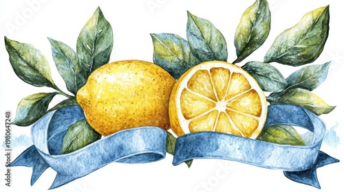 Lemon tree branches seamless on a white background,mediterranean Summer citrus fruit,Hand drawn lemon set,Botanical illustration collection,Whole lemons,banner menu drink summer beach concept.