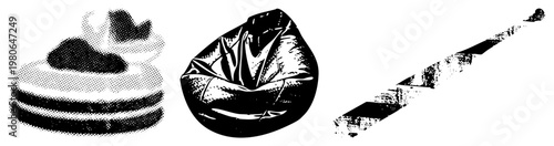 Black and white halftone vector art of three objects stacked donut with glaze, plush bean bag chair, and baseball bat. Retro graphic style, isolated elements, stylized textures, bold.