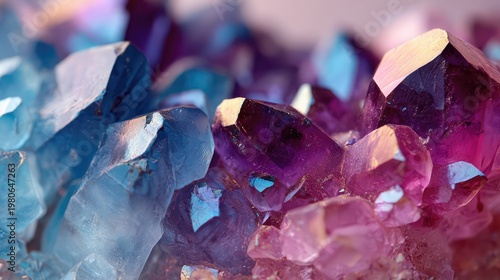 macro shot of colorful crystal gemstones with vibrant blue and purple tones, translucent mineral texture, glowing light reflections, abstract luxury background, high detail, shallow depth of field