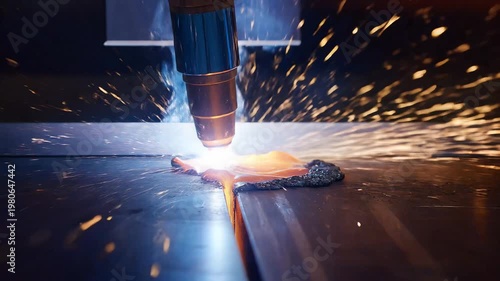 Laser cutting machine with sparks on metal