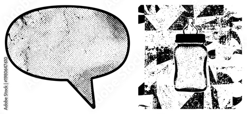 Retro comic style speech bubble with halftone texture, baby bottle with nipple, graphic design elements, vector illustrations, black and white art, comic book aesthetic.
