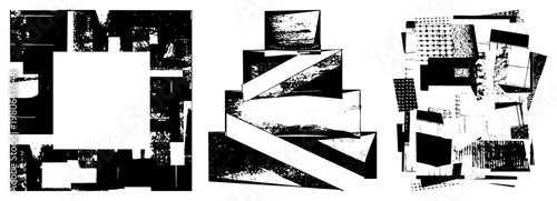 Bold black and white abstract forms with halftone, fragmented shapes, and stark contrast, ideal for graphic design or modern art backgrounds.